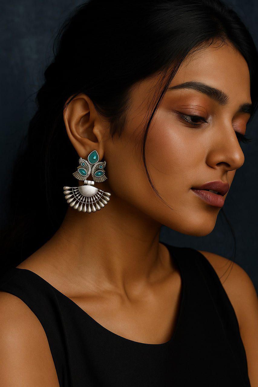 SILVER LOOK ALIKE EARRINGS WITH COLOURED STONES -NISHIKA