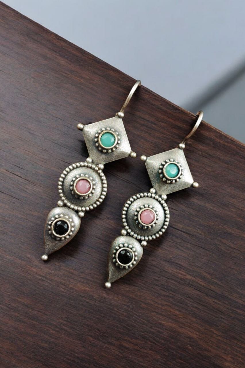 SILVER LOOK ALIKE EARRINGS WITH COLOURED STONES -NITIKA