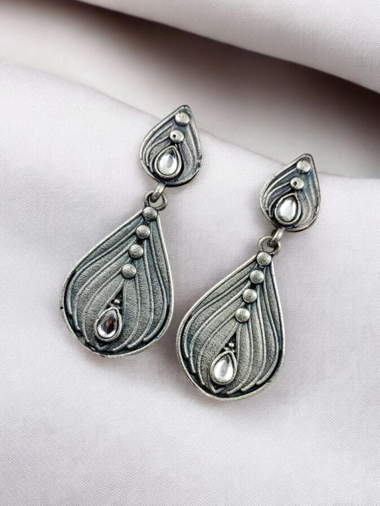 SILVER LOOK ALIKE EARRINGS WITH COLOURED STONES -PANKHI