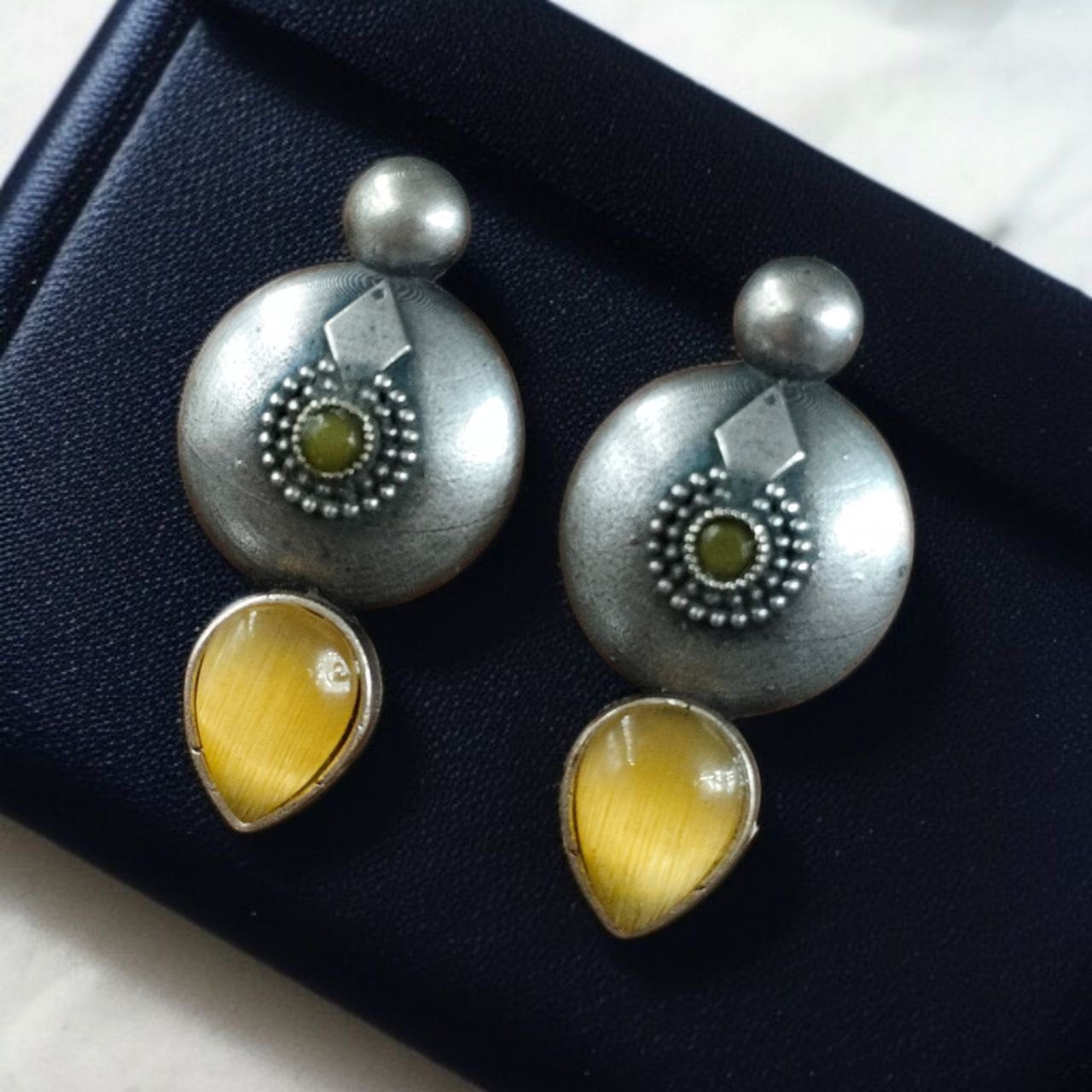 SILVER LOOK ALIKE EARRINGS WITH COLOURED STONES -RIDHI