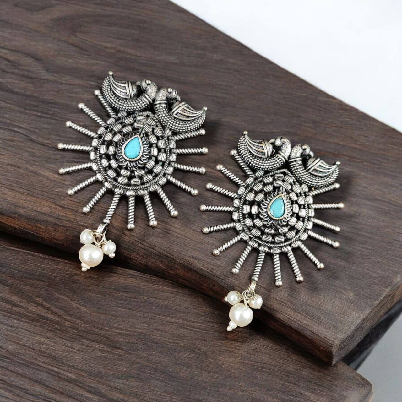 SILVER LOOK ALIKE EARRINGS WITH COLOURED STONES -RIYA