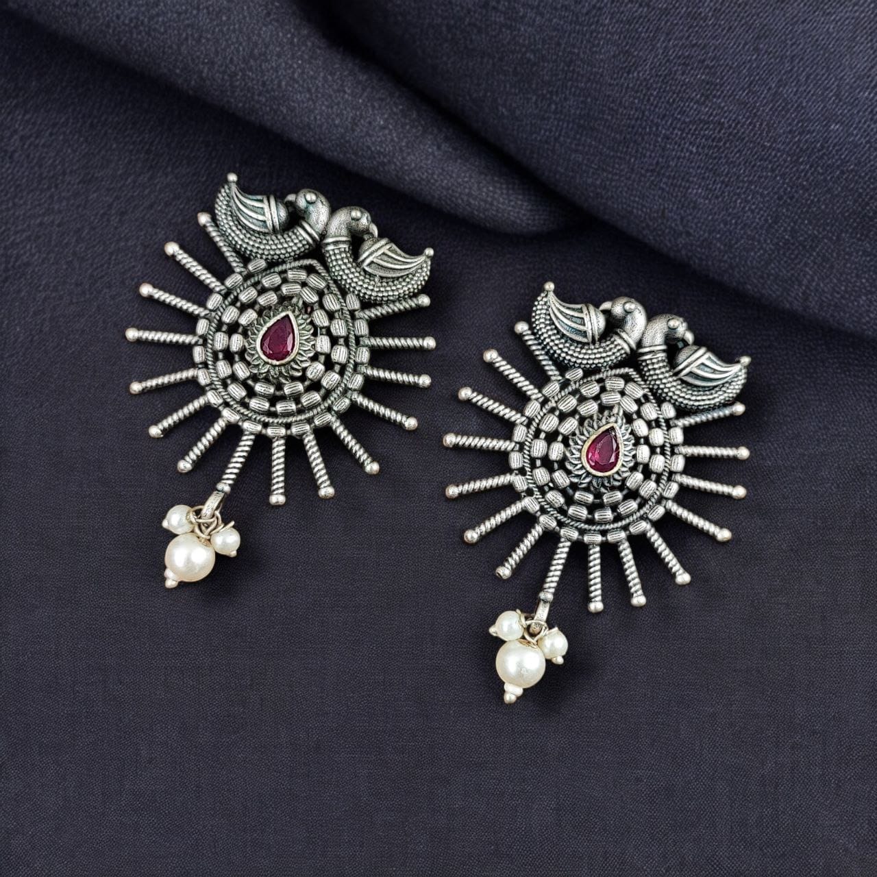 SILVER LOOK ALIKE EARRINGS WITH COLOURED STONES -RIYA