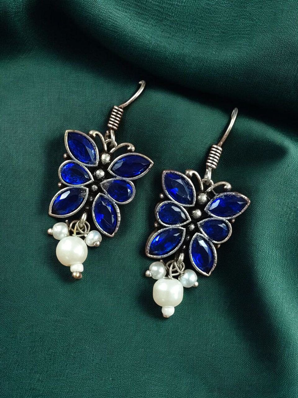 SILVER LOOK ALIKE EARRINGS WITH COLOURED STONES -SAANVI