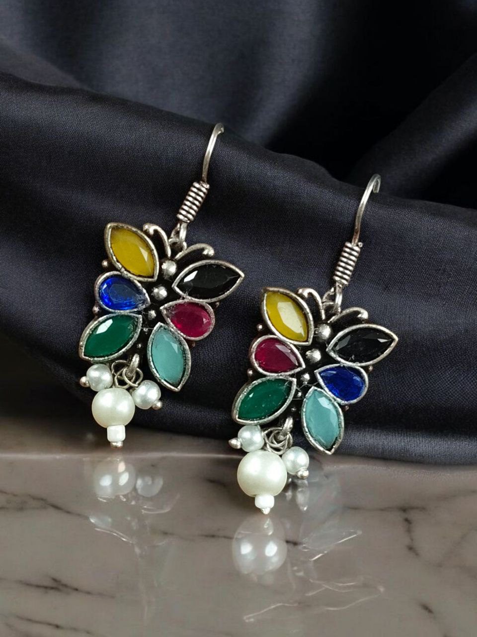 SILVER LOOK ALIKE EARRINGS WITH COLOURED STONES -SAANVI