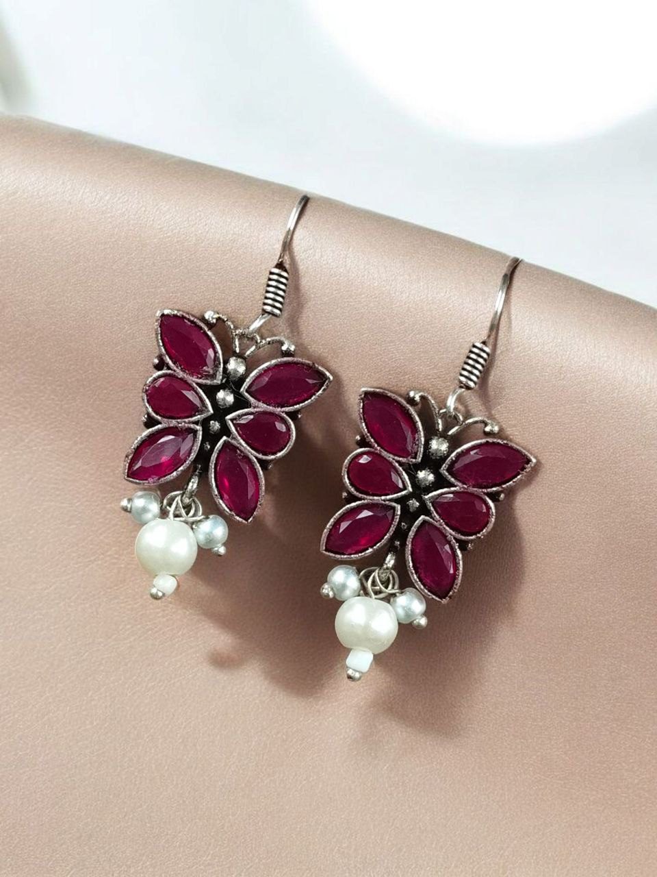 SILVER LOOK ALIKE EARRINGS WITH COLOURED STONES -SAANVI