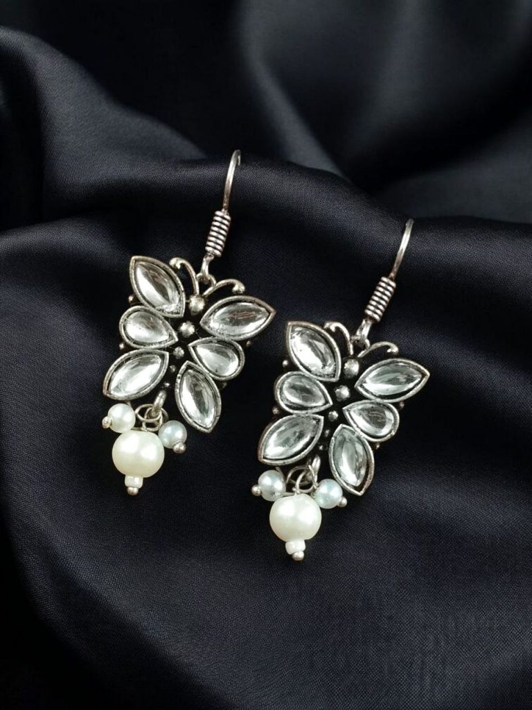 SILVER LOOK ALIKE EARRINGS WITH COLOURED STONES -SAANVI