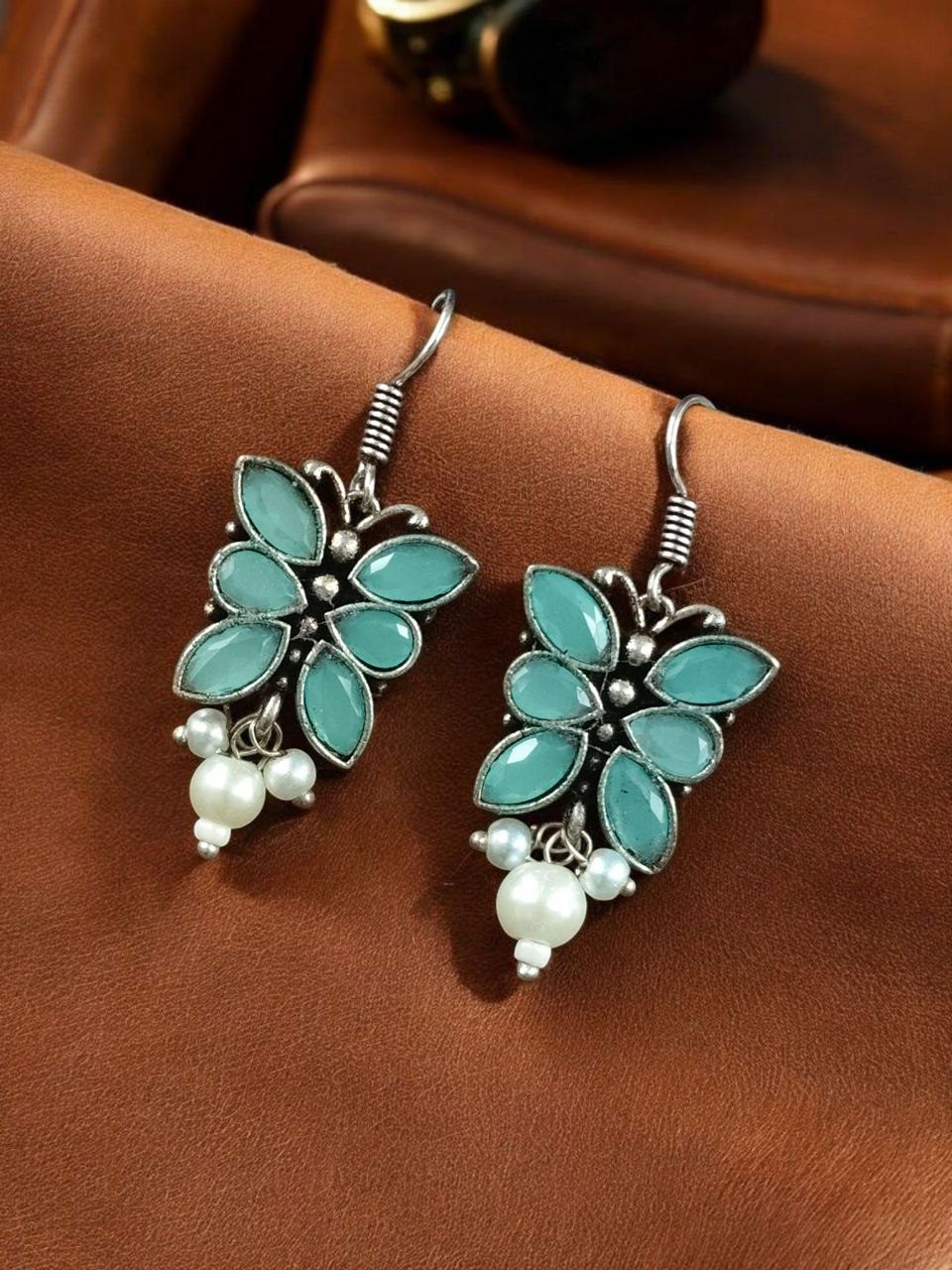 SILVER LOOK ALIKE EARRINGS WITH COLOURED STONES -SAANVI