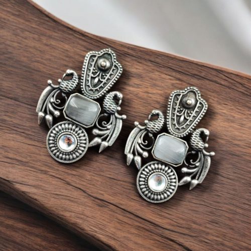 SILVER LOOK ALIKE EARRINGS WITH COLOURED STONES -SHANAYA