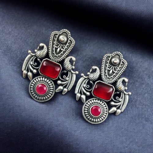 SILVER LOOK ALIKE EARRINGS WITH COLOURED STONES -SHANAYA