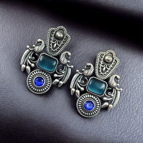 SILVER LOOK ALIKE EARRINGS WITH COLOURED STONES -SHANAYA