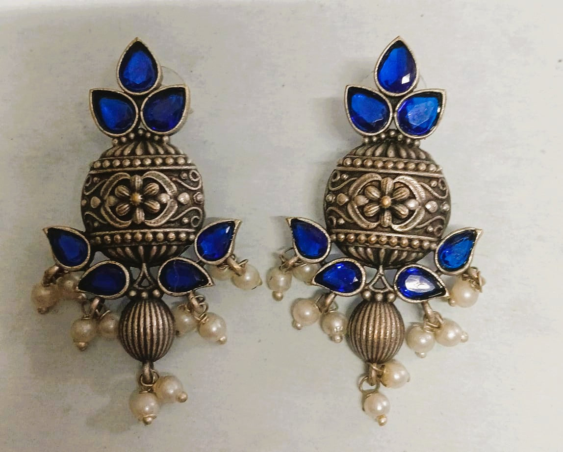 SILVER LOOK ALIKE EARRINGS WITH COLOURED STONES -SUMANA