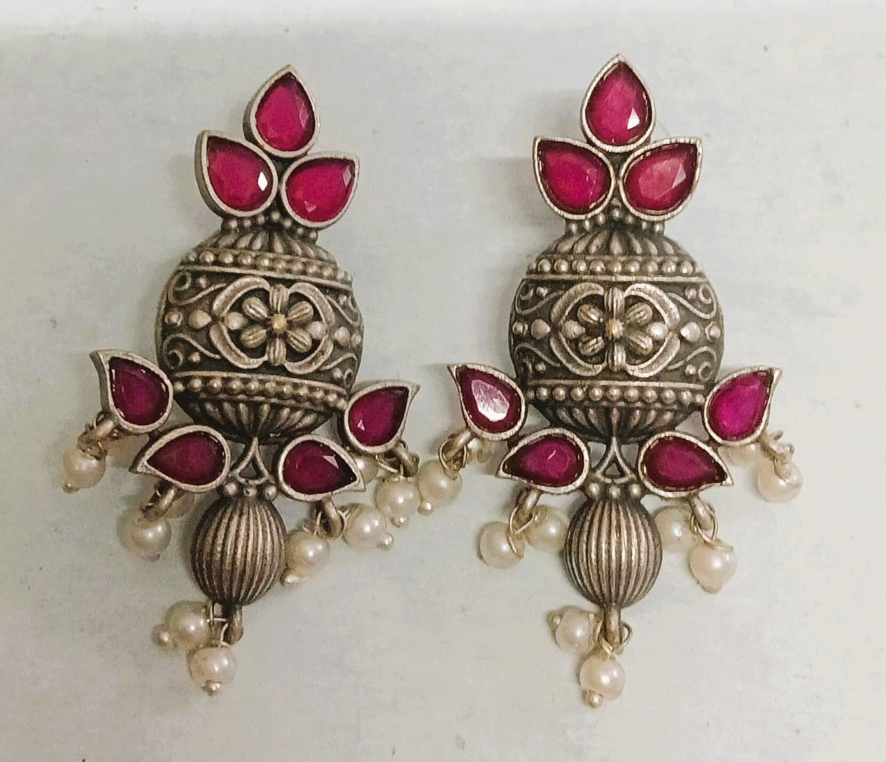 SILVER LOOK ALIKE EARRINGS WITH COLOURED STONES -SUMANA