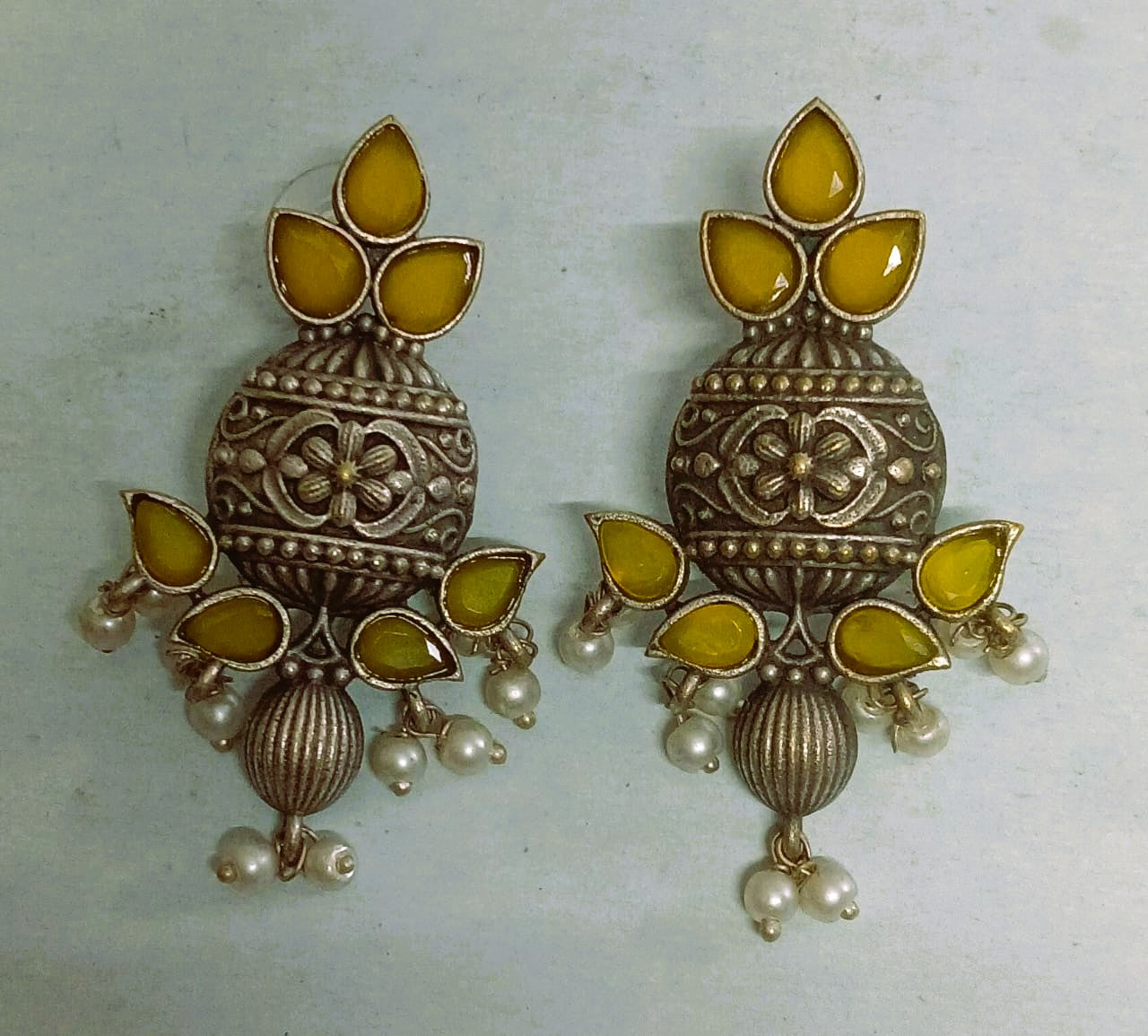 SILVER LOOK ALIKE EARRINGS WITH COLOURED STONES -SUMANA