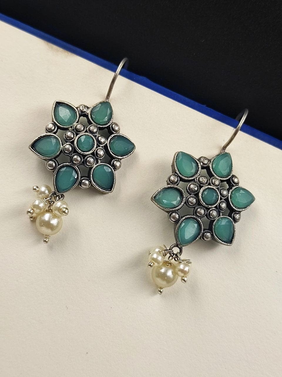 SILVER LOOK ALIKE EARRINGS WITH COLOURED STONES -TARA