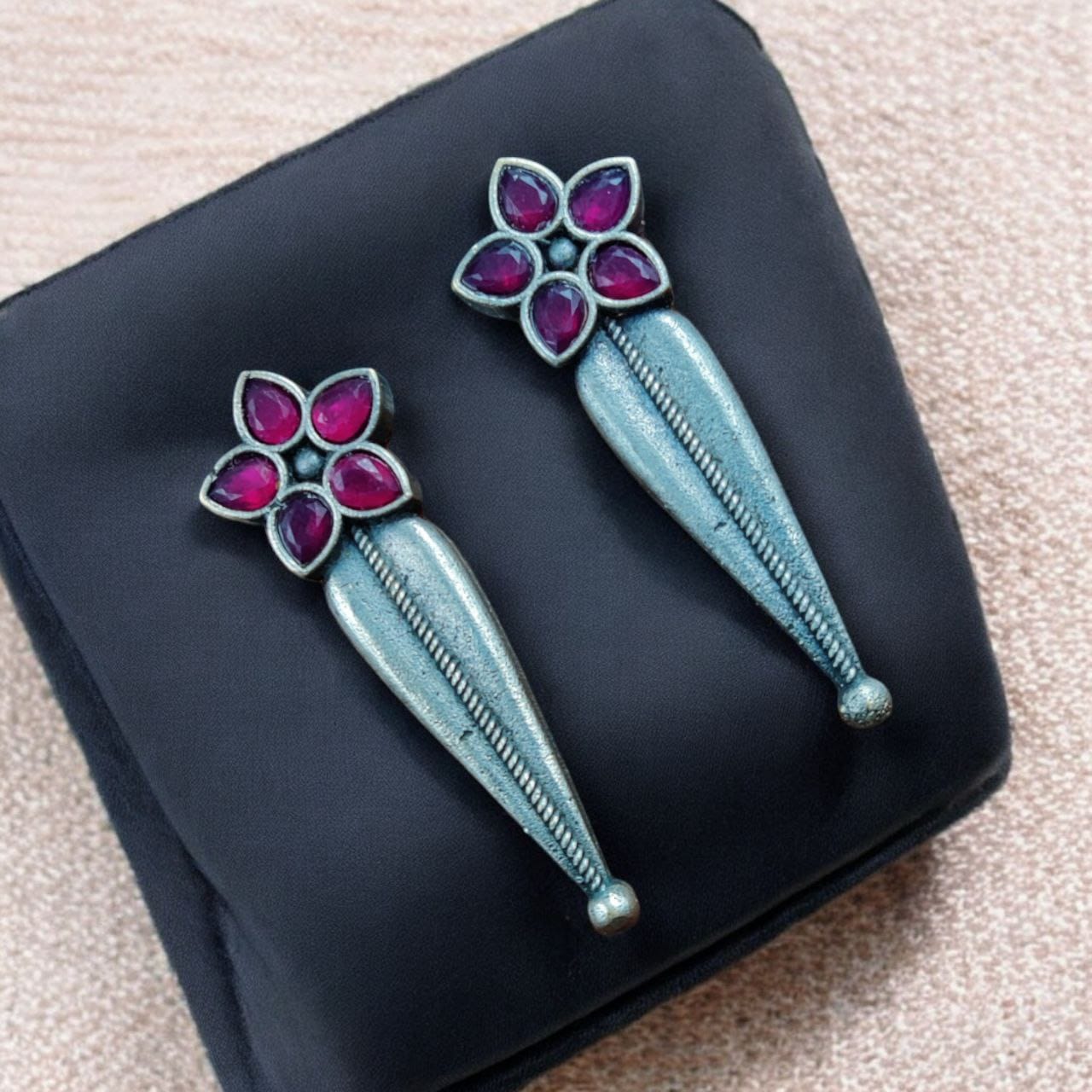 SILVER LOOK ALIKE EARRINGS WITH COLOURED STONES -TARA KINI