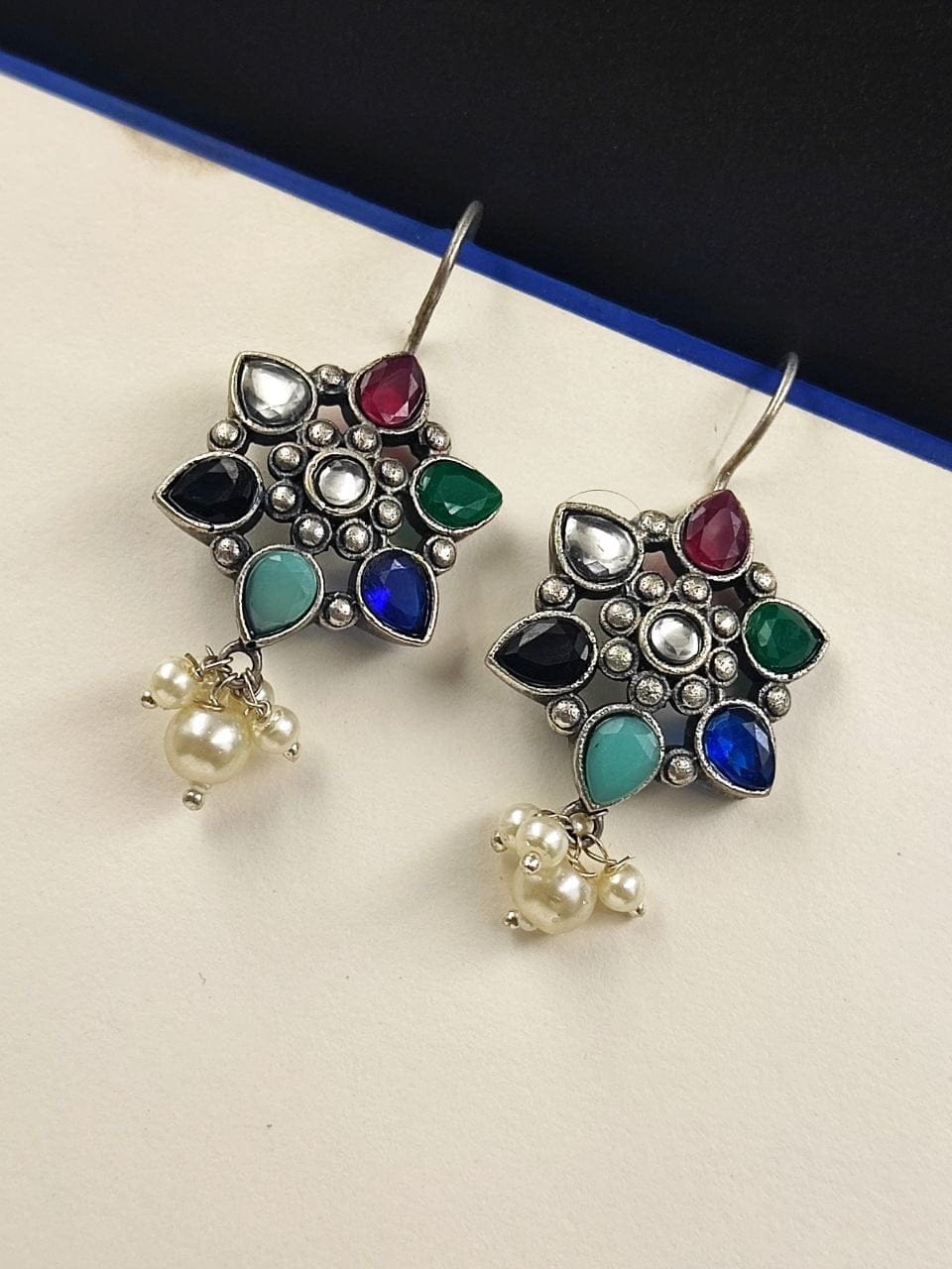 SILVER LOOK ALIKE EARRINGS WITH COLOURED STONES -TARA