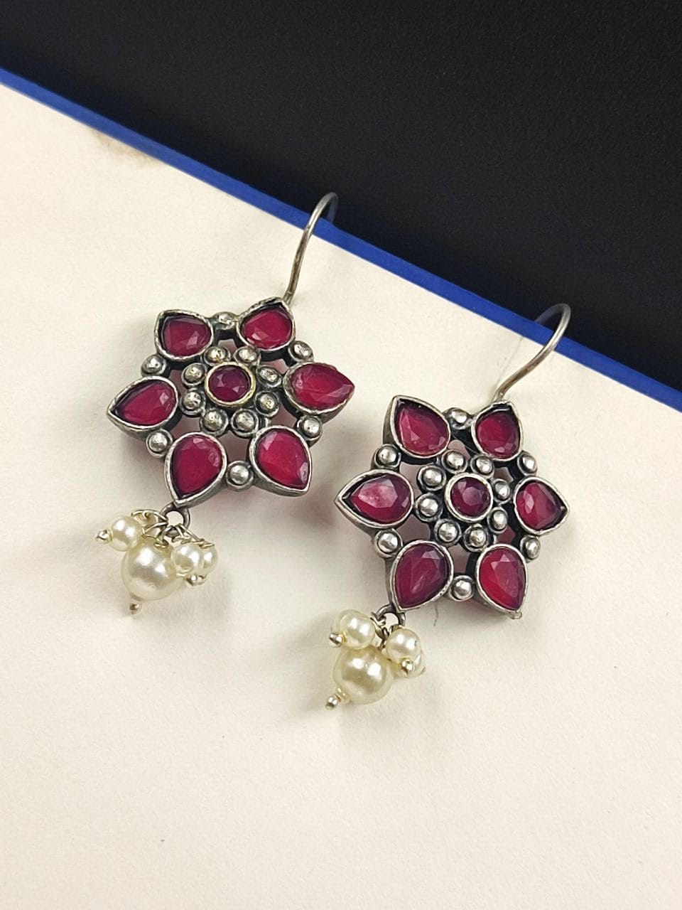 SILVER LOOK ALIKE EARRINGS WITH COLOURED STONES -TARA