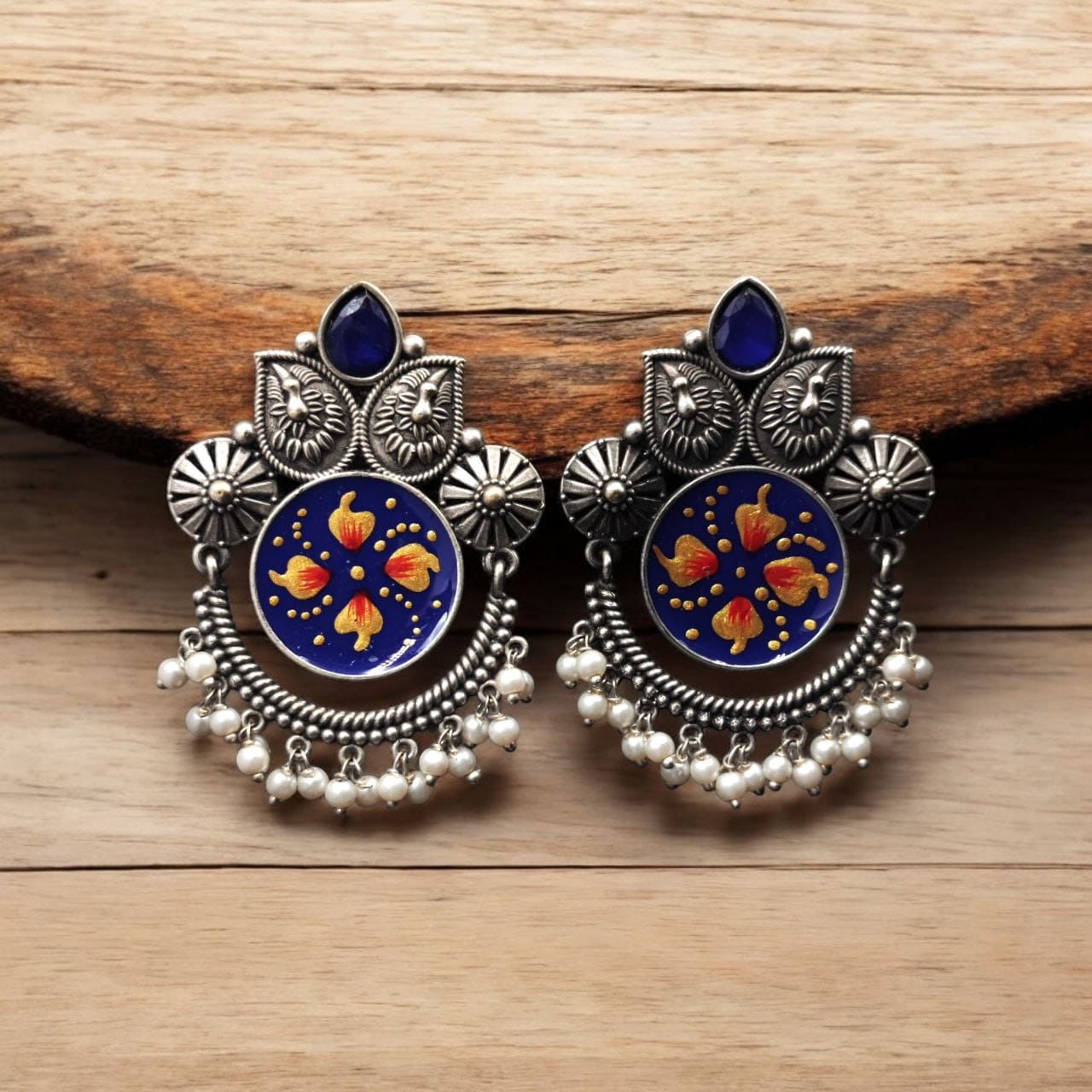 SILVER LOOK ALIKE EARRINGS WITH COLOURED STONES -TARINI
