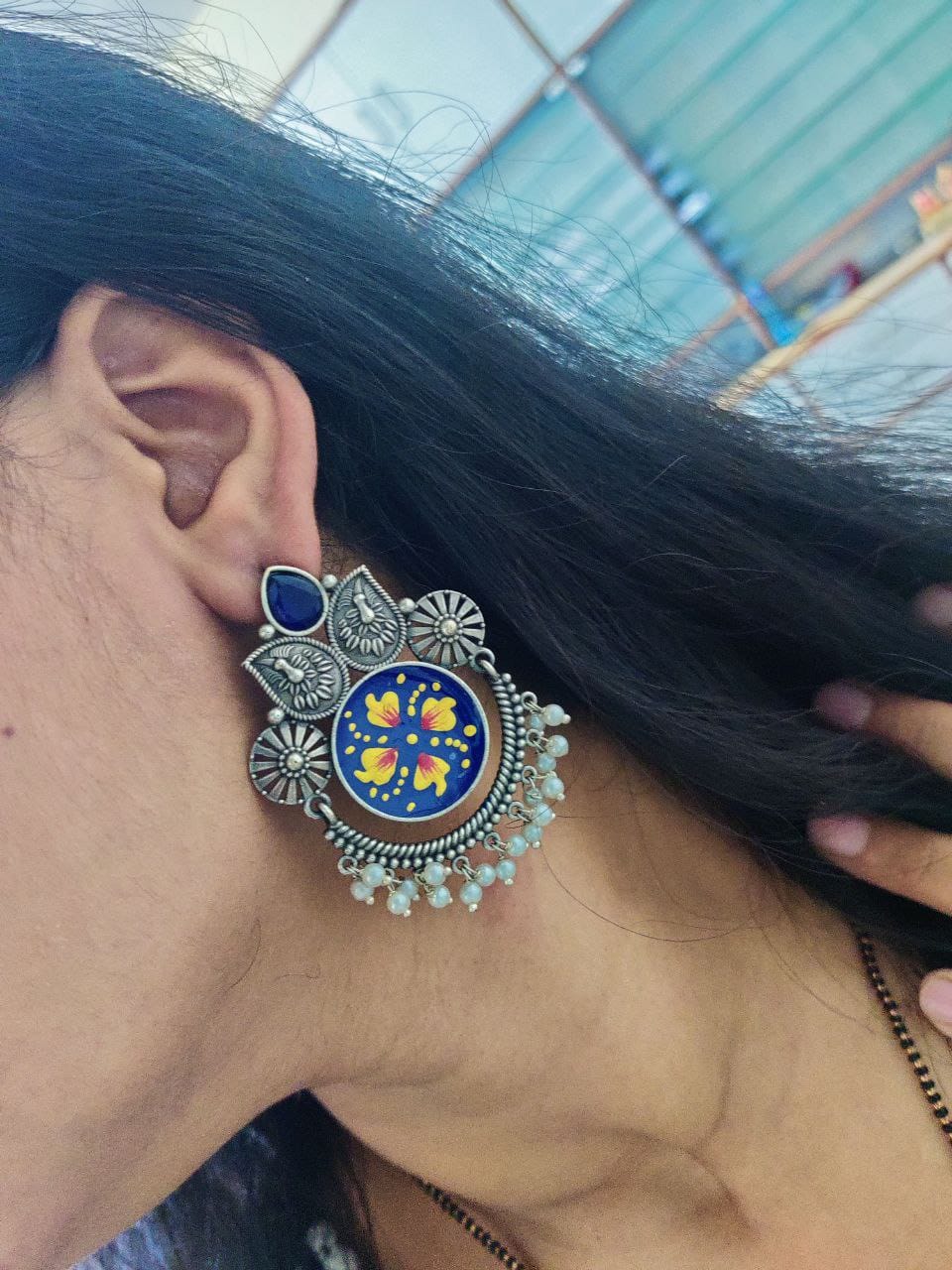 SILVER LOOK ALIKE EARRINGS WITH COLOURED STONES -TARINI