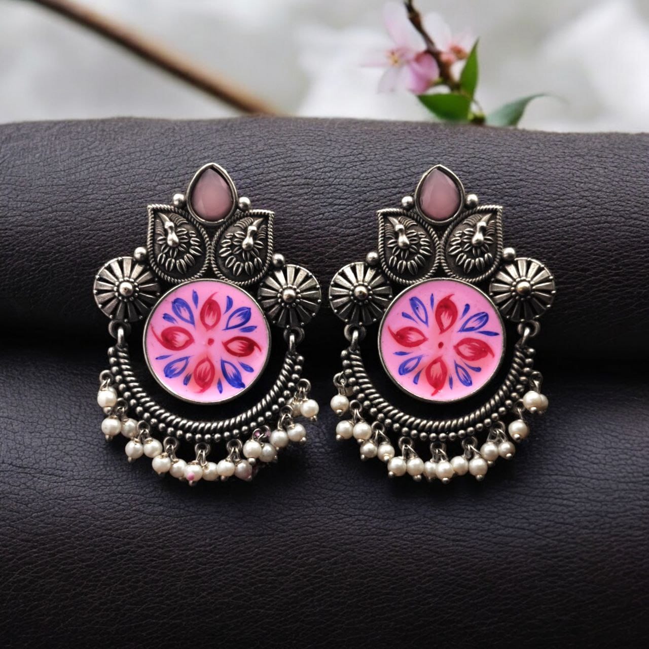SILVER LOOK ALIKE EARRINGS WITH COLOURED STONES -TARINI