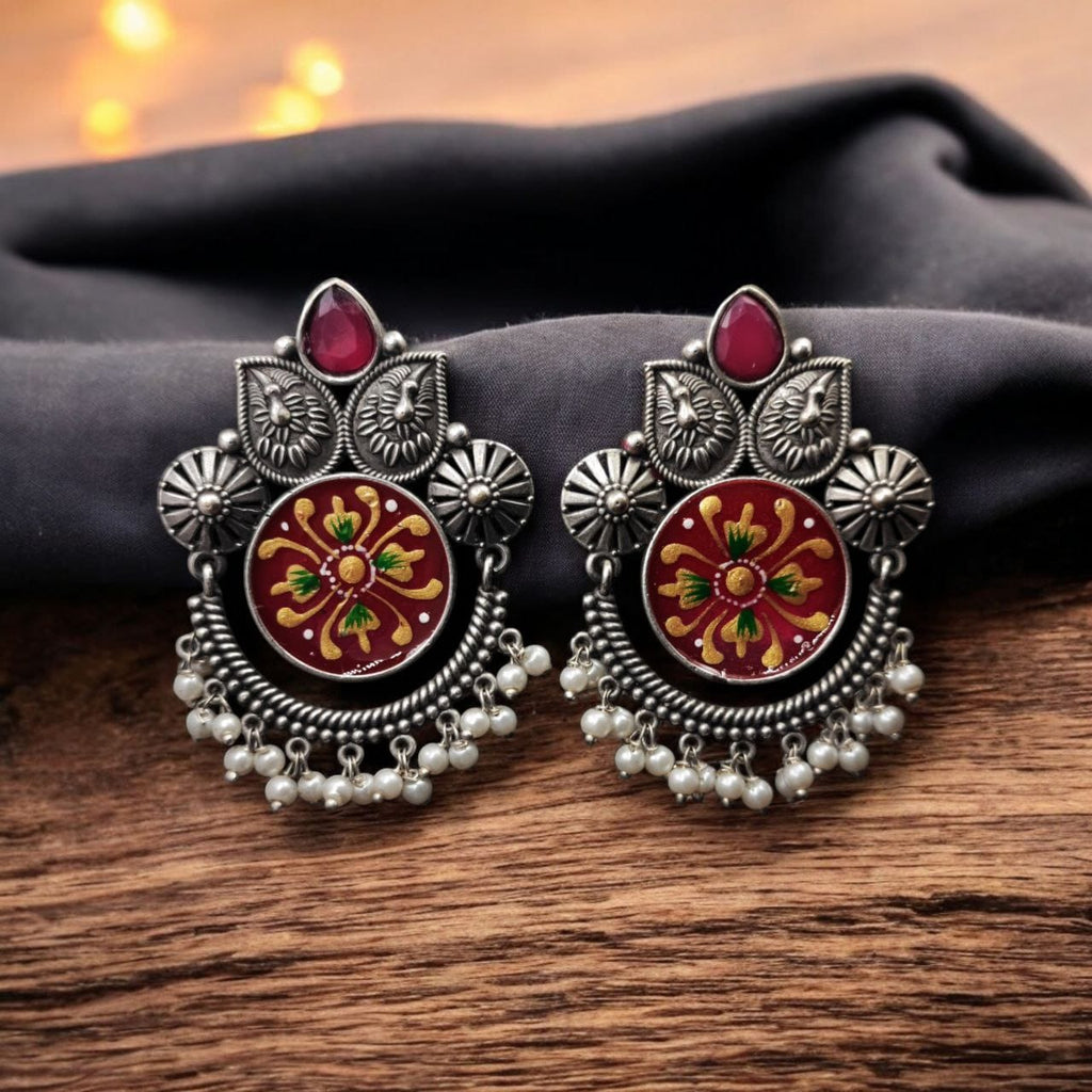 SILVER LOOK ALIKE EARRINGS WITH COLOURED STONES -TARINI