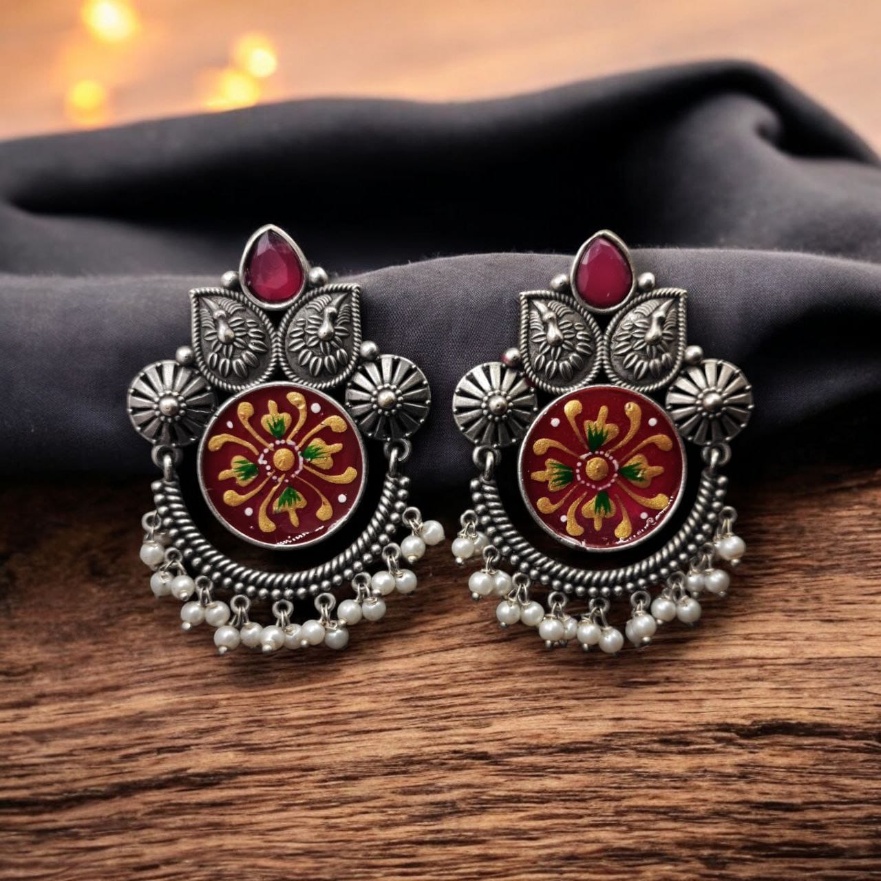 SILVER LOOK ALIKE EARRINGS WITH COLOURED STONES -TARINI