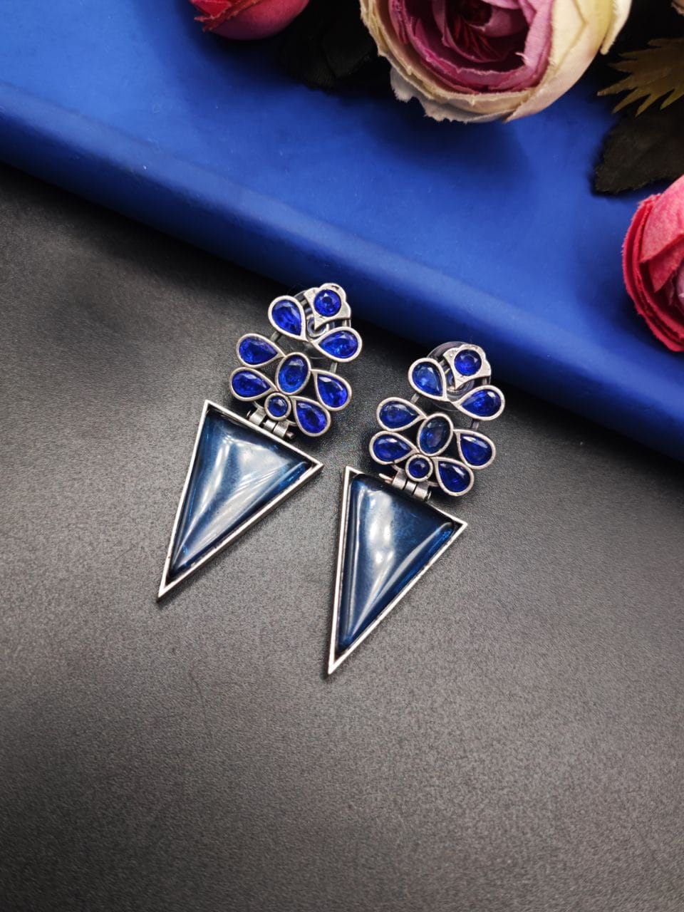 SILVER LOOK ALIKE EARRINGS WITH COLOURED STONES -TRICON