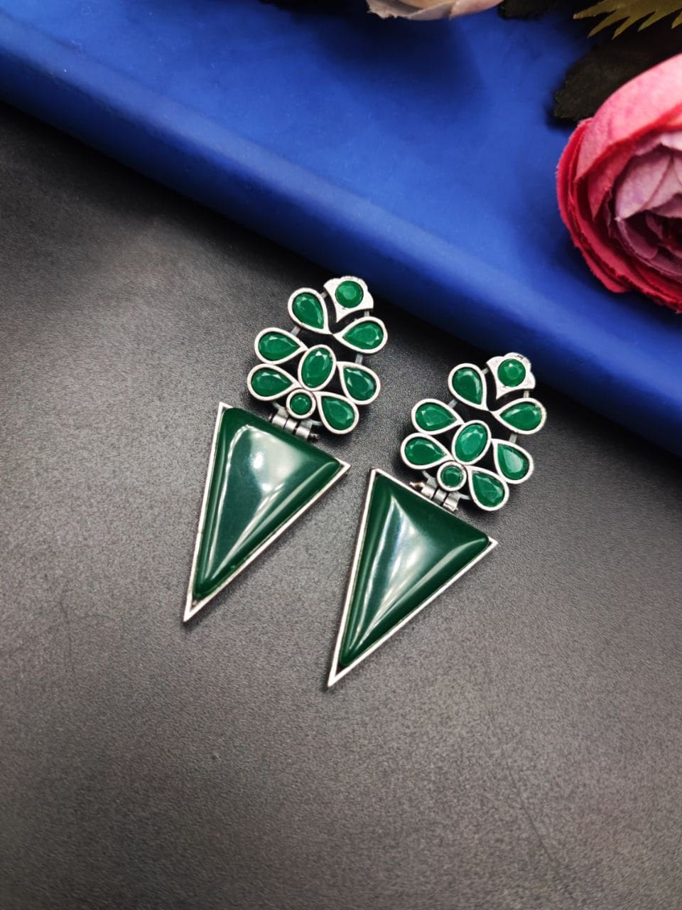 SILVER LOOK ALIKE EARRINGS WITH COLOURED STONES -TRICON