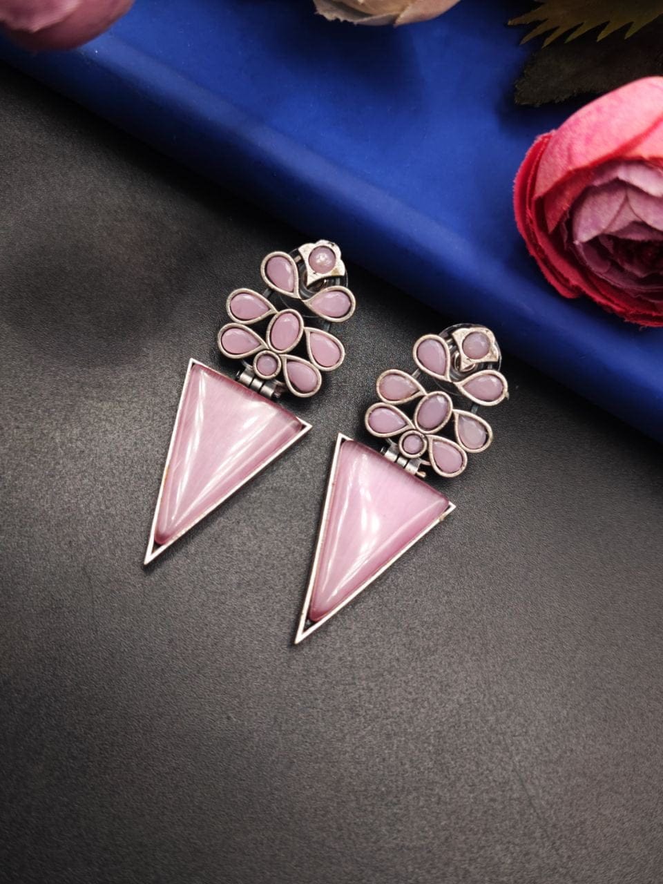 SILVER LOOK ALIKE EARRINGS WITH COLOURED STONES -TRICON