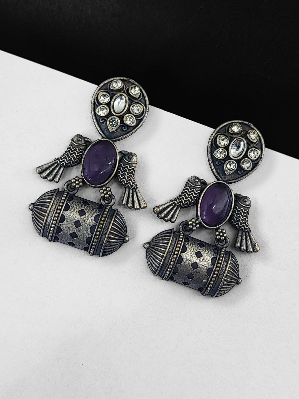 SILVER LOOK ALIKE EARRINGS WITH COLOURED STONES -VAIDEHI