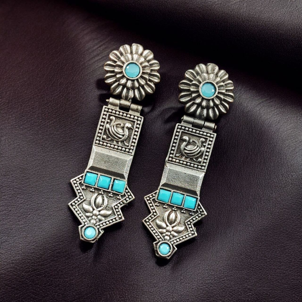 SILVER LOOK ALIKE EARRINGS WITH COLOURED STONES -VAMA