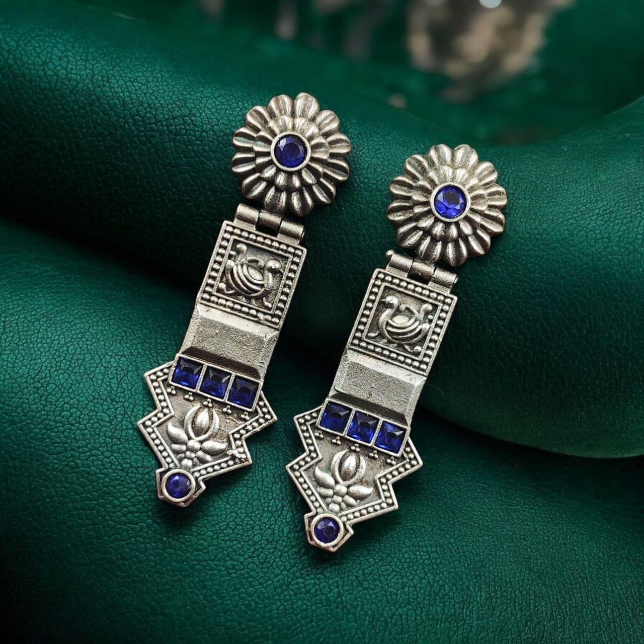 SILVER LOOK ALIKE EARRINGS WITH COLOURED STONES -VAMA
