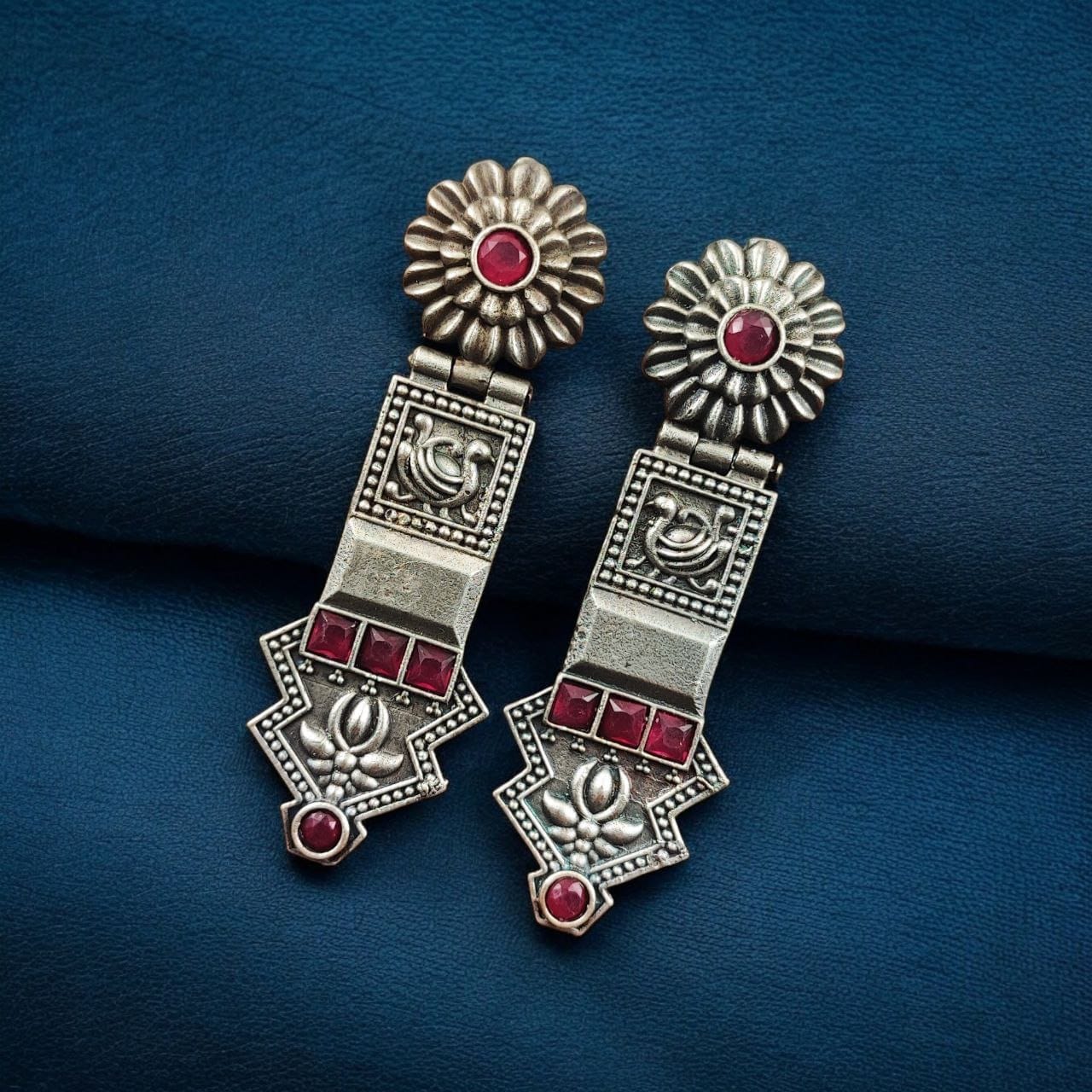 SILVER LOOK ALIKE EARRINGS WITH COLOURED STONES -VAMA