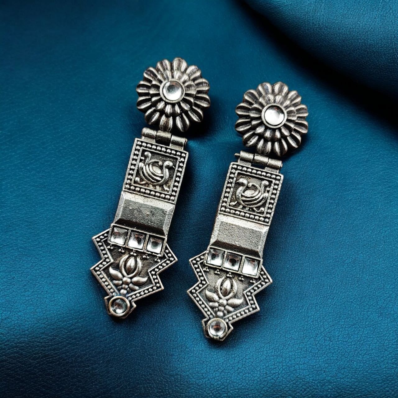 SILVER LOOK ALIKE EARRINGS WITH COLOURED STONES -VAMA