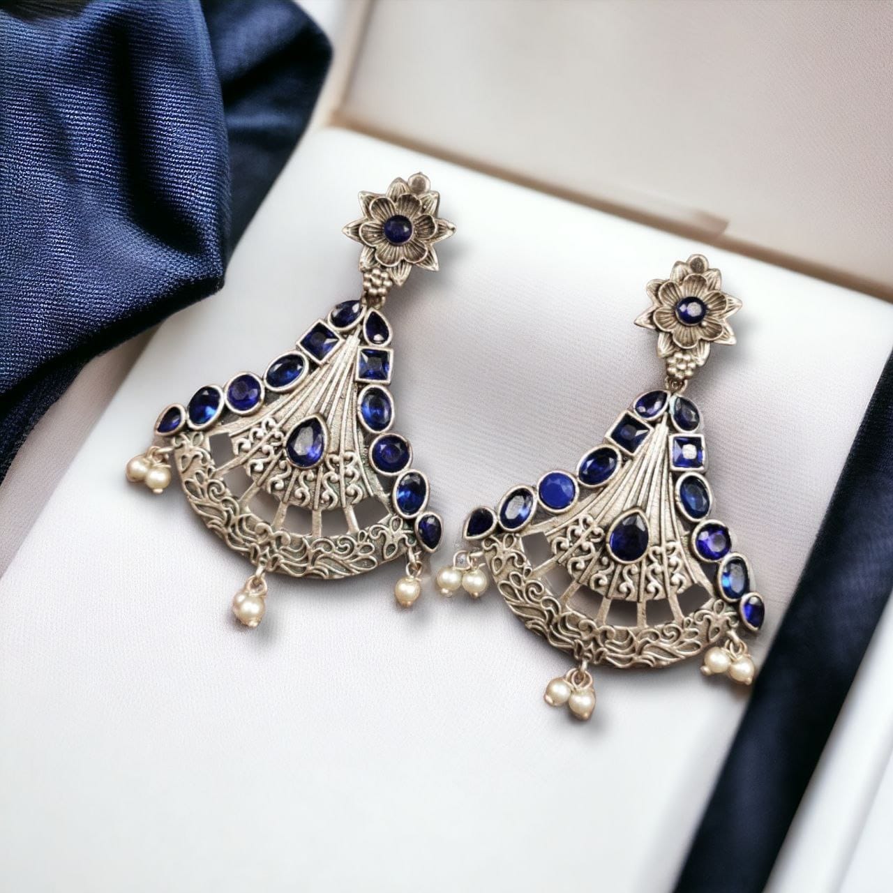 SILVER LOOK ALIKE EARRINGS WITH COLOURED STONES -VAMIKA