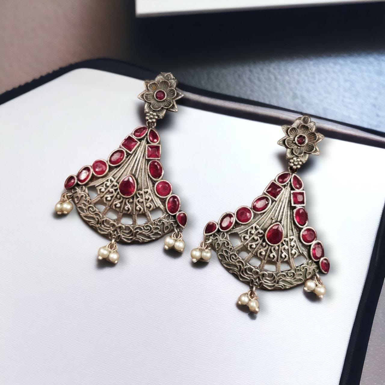 SILVER LOOK ALIKE EARRINGS WITH COLOURED STONES -VAMIKA