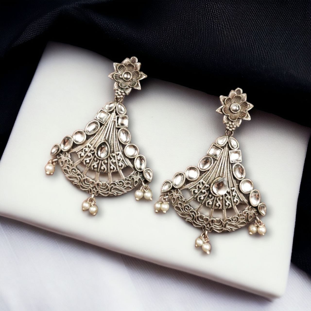 SILVER LOOK ALIKE EARRINGS WITH COLOURED STONES -VAMIKA