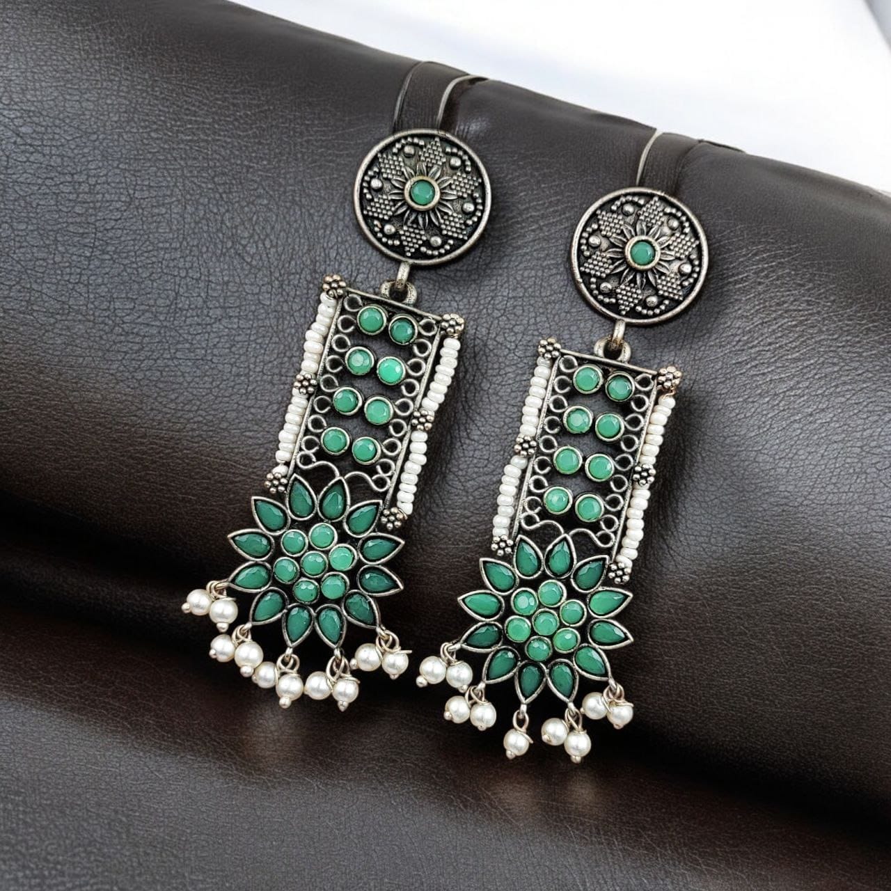 SILVER LOOK ALIKE EARRINGS WITH COLOURED STONES -YAMINI