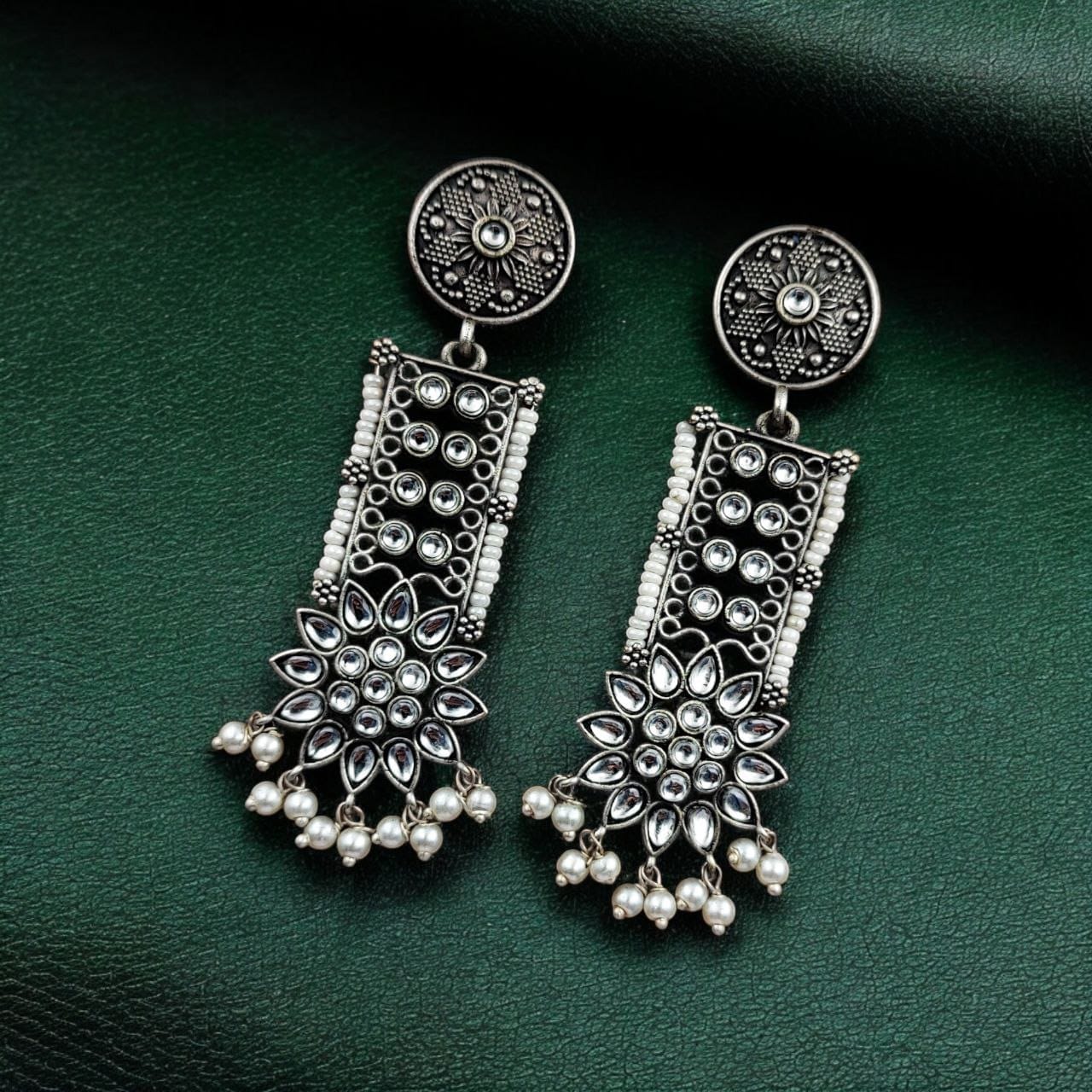 SILVER LOOK ALIKE EARRINGS WITH COLOURED STONES -YAMINI