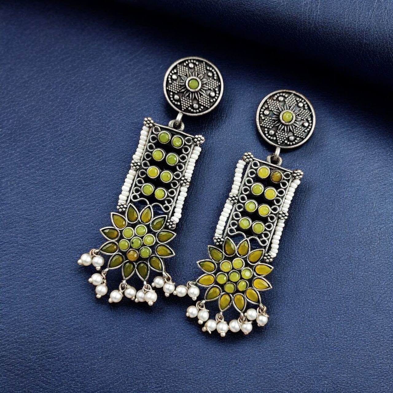 SILVER LOOK ALIKE EARRINGS WITH COLOURED STONES -YAMINI
