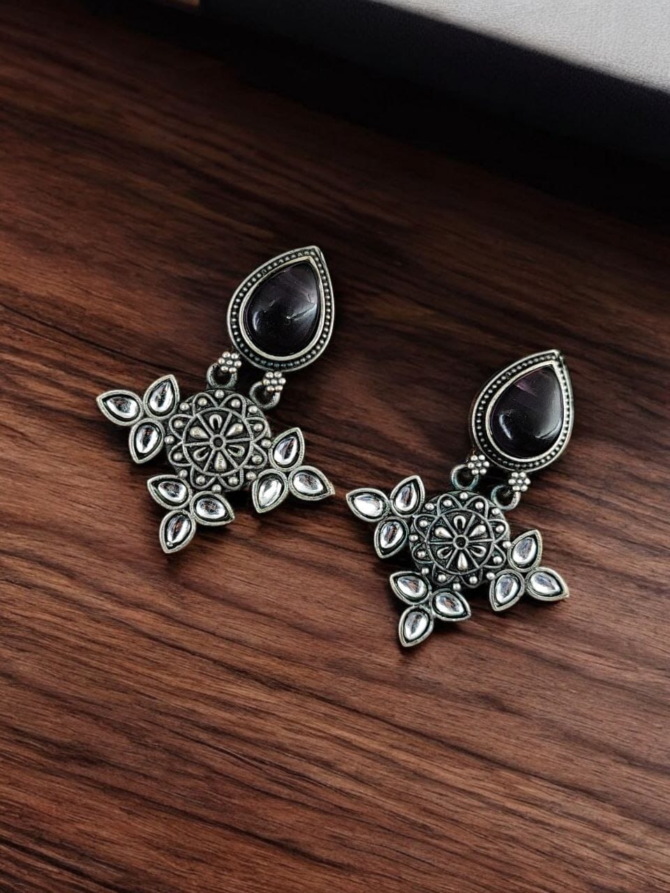 SILVER LOOK ALIKE EARRINGS WITH COLOURED STONES -YASHVI
