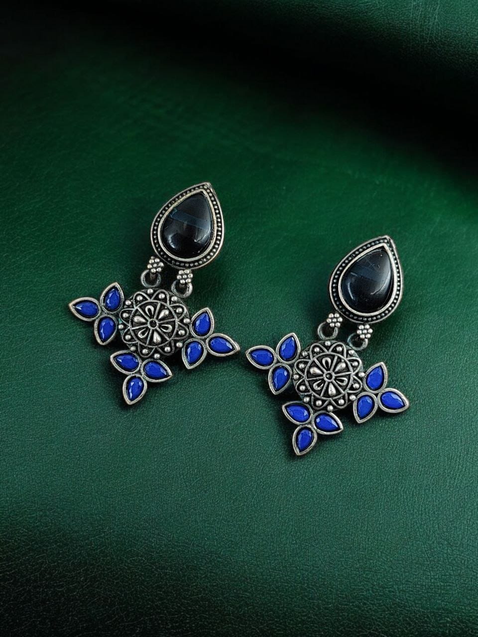 SILVER LOOK ALIKE EARRINGS WITH COLOURED STONES -YASHVI