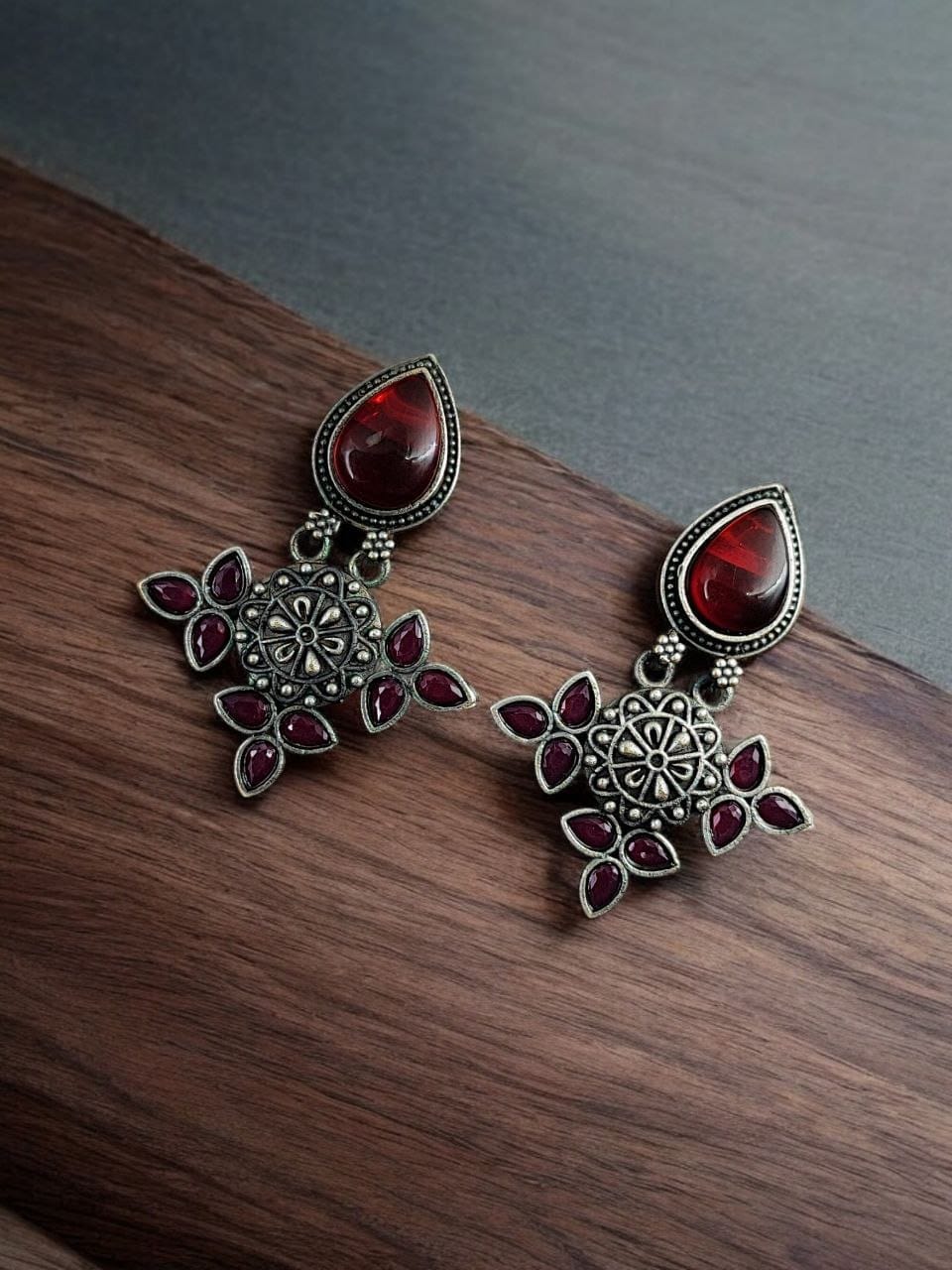 SILVER LOOK ALIKE EARRINGS WITH COLOURED STONES -YASHVI
