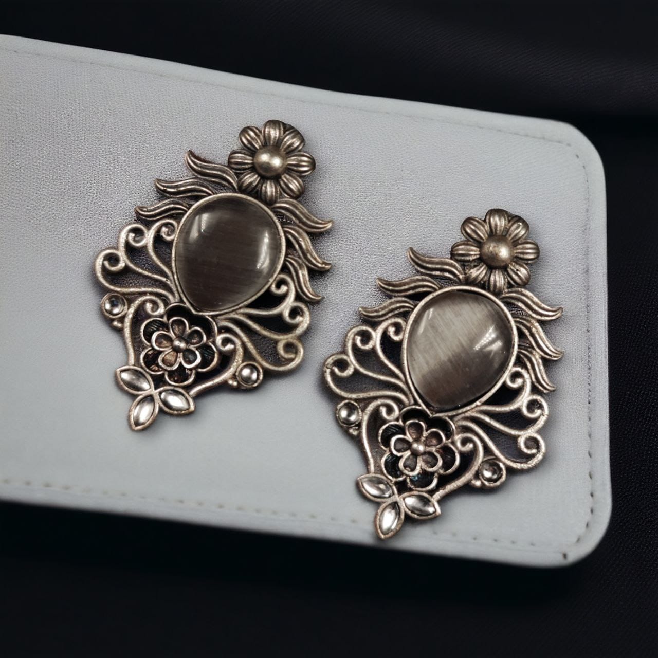 SILVER LOOK ALIKE EARRINGS WITH COLOURED STONES -ZIYA