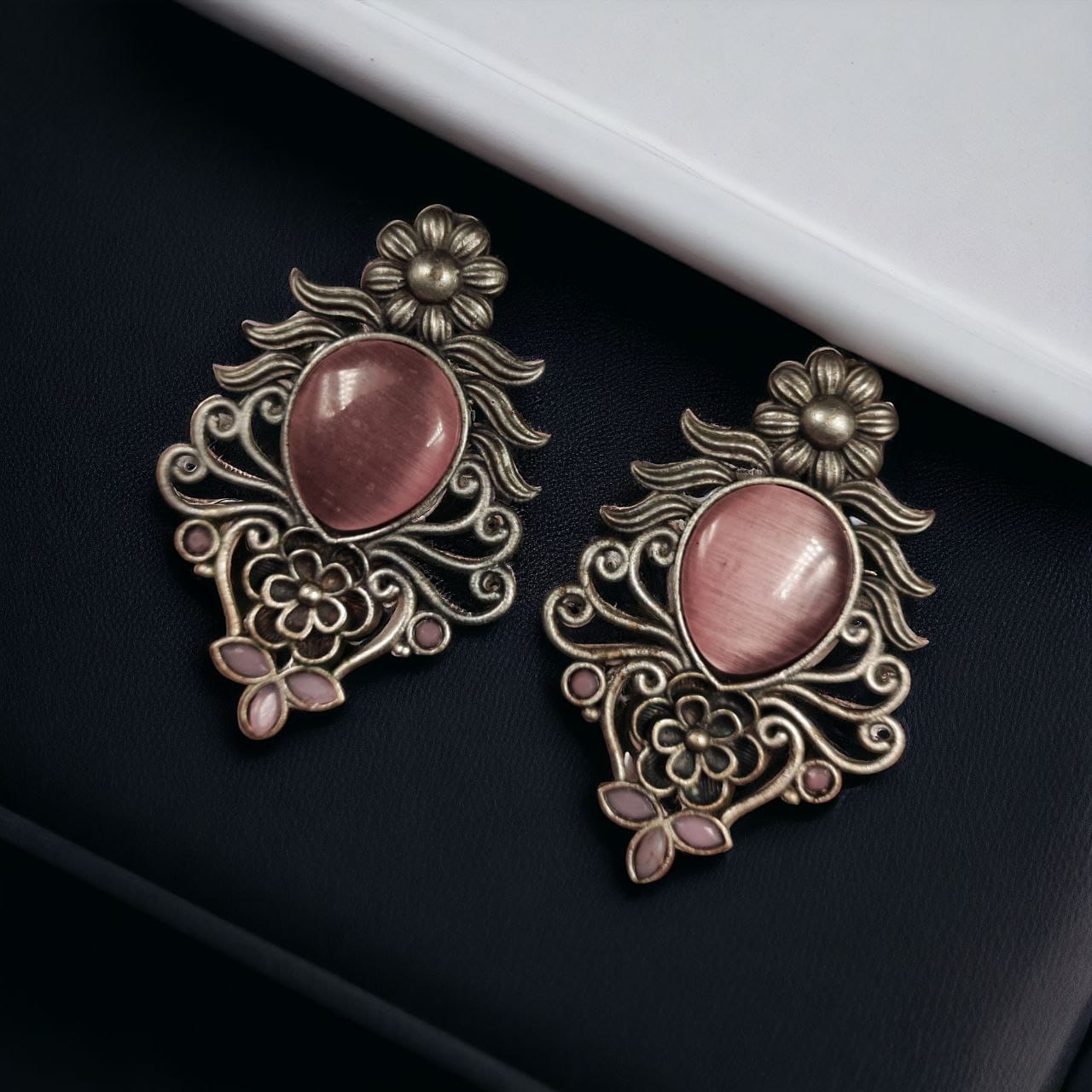 SILVER LOOK ALIKE EARRINGS WITH COLOURED STONES -ZIYA